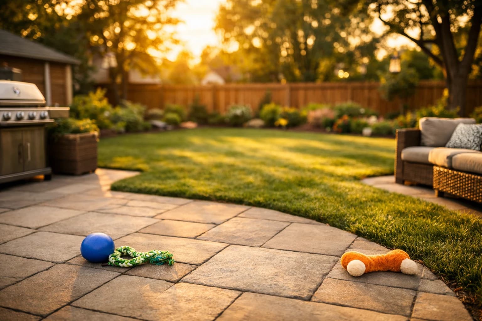 Sunlit backyard patio with dog toys and grill