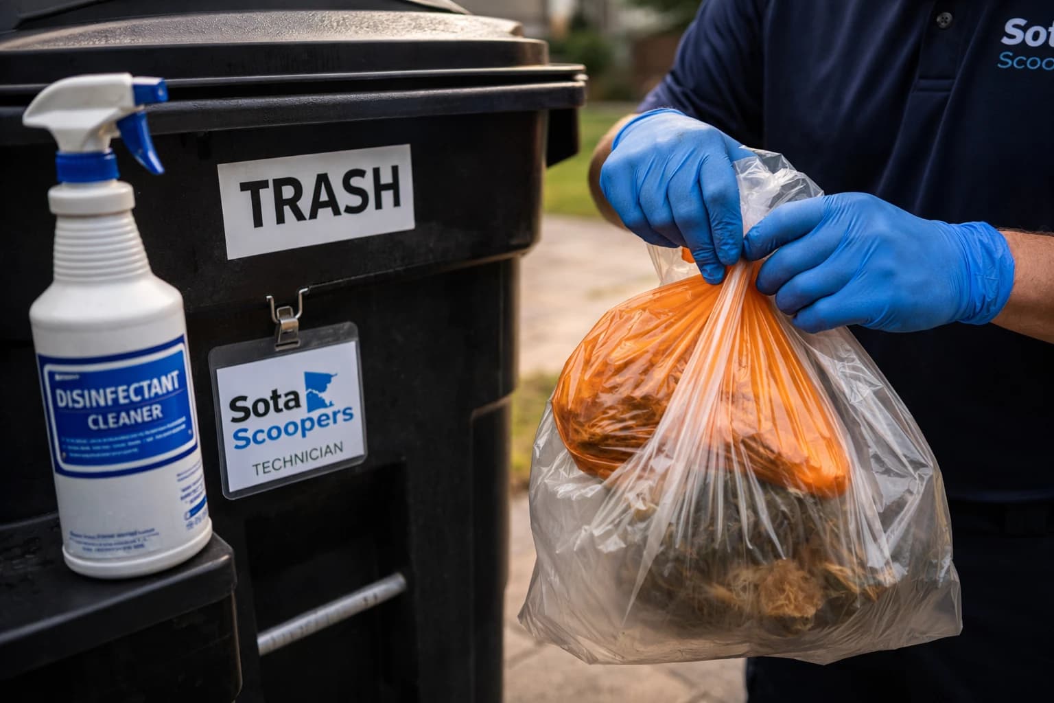 Bagged waste, disinfectant, gloves, and technician badge as proof of service