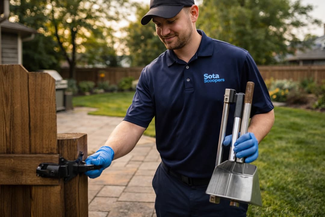 Uniformed SotaScoopers technician opening a backyard gate with tools